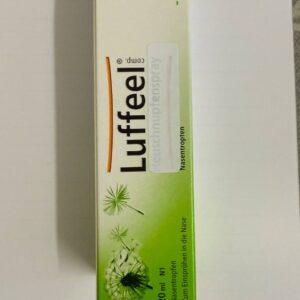 Luffeel næsespray æske i grøn-hvid farvekombination med mælkebøttemotiv, 20 ml, fra Heel.