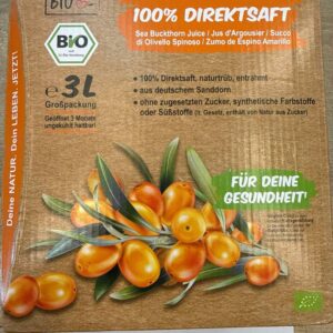 Kartonæske med økologisk havtornsaft 3 liter, brun emballage med orange bær, grønne blade og Bio-mærkning.